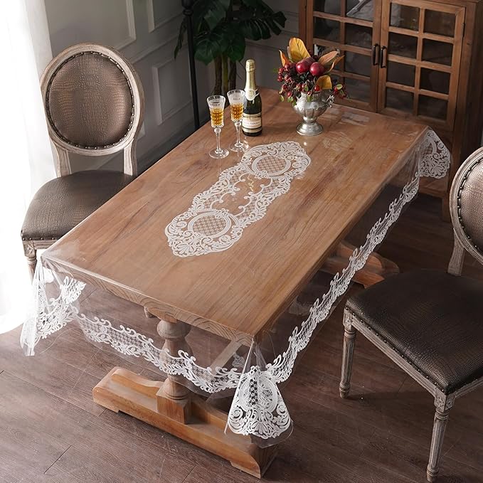 Rectangle Waterproof Clear Table Cover Protector Vinyl Table Cloth Oil Spill Proof Wipe Clean Lace Plastic Tablecloths for Dining Tables (White, 60 x 104 Inches)