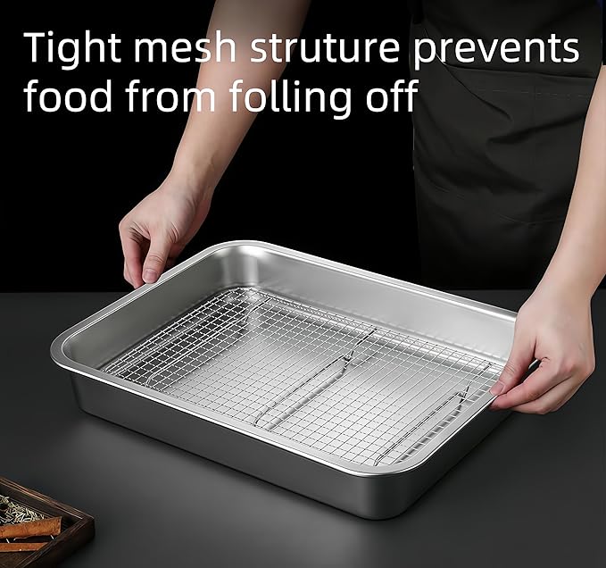 Stainless Steel Sturdy Roasting Pan with Cooling Rack – Oven, Toaster & Grill Safe, Deep Edge, Smooth Finish, Dishwasher Safe – Perfect for Turkey, Chicken, BBQ (15.5x11.6x2.8in)