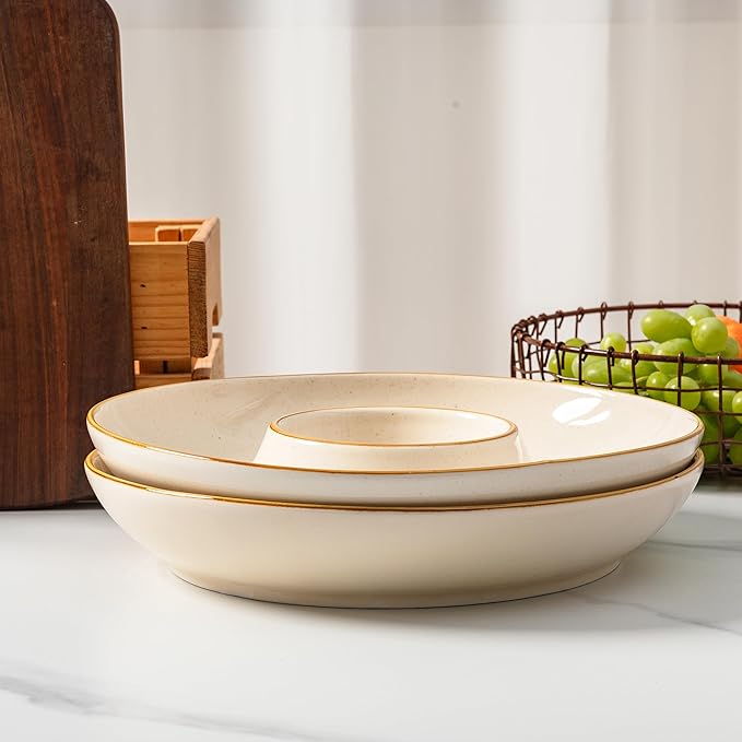 LEHAHA Porcelain Chip and Dip tray, Set of 2,12 inch Ceramic Serving Tray, Divided Serving dip Platter, Porcelain dip bowl, salsa bowl, Microwave and Dishwasher Safe, Dark Cream