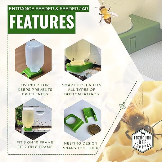 Foxhound Bee Co: Honey Bee Feeder for Beekeeping with Plastic Entrance Feeder and Extra Large Half Gallon Bottle for Feeding Sugar Syrup or Water to Bee Hives - 2 Pack