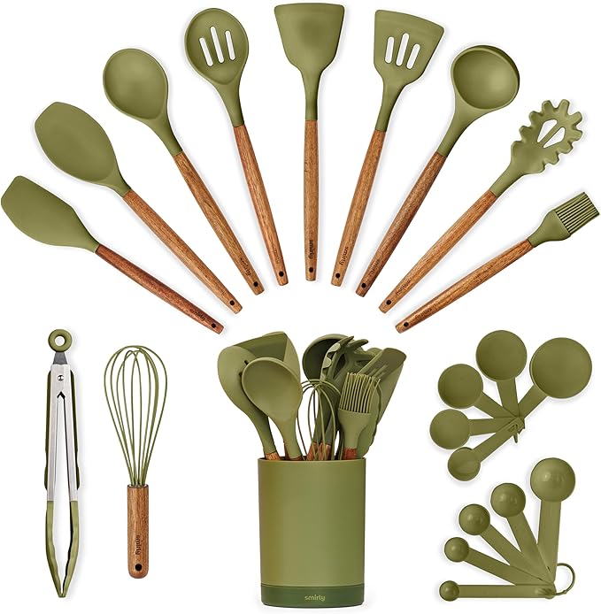 Silicone Kitchen Utensils Set & Holder: Cooking Utensils Set - Kitchen Essentials for New Home & 1st Apartment- Silicone Spatula Set, Cooking Spoons for Nonstick Cookware (Acacia Wood, Green)