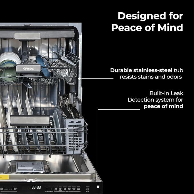 Kenmore 24" Built-In Dishwasher - Quiet Tub with TurboDry, Leak, & SmartWash Soil Detection - 15 Place Settings - 49 DBA - ENERGY STAR Certified - Black