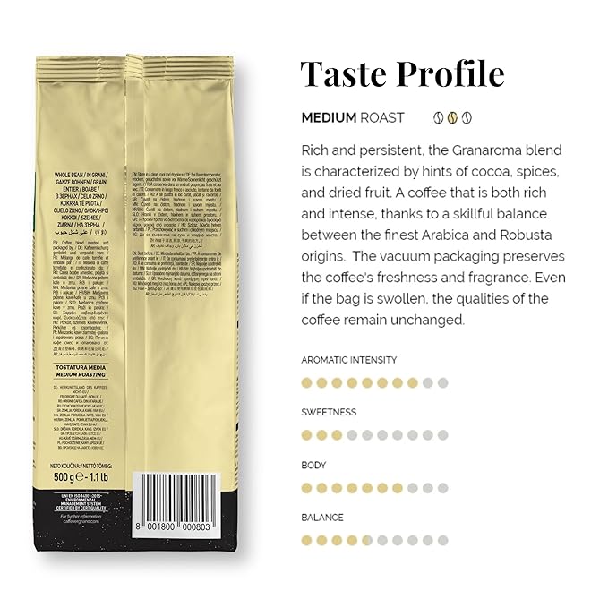 Caffe Vergnano Whole Bean Coffee Gran Aroma 1.1 lb Bag - Medium Roast Espresso Beans Whole, Italian Coffee Beans, Cocoa Spice Dried Fruit Notes - For Moka Pot, French Press, Coffee Maker