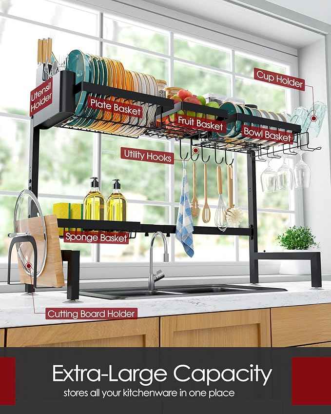 Over The Sink Dish Drying Rack - Adjustable 2 Tier X-Large Capacity Stainless Steel Drainer with Cutlery & Utensil Holders, Kitchen Storage & Organization, 31.5"-39.5"L x 12"W x 24.5"H, Black