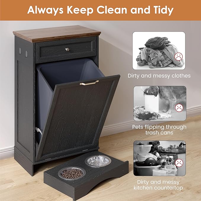 NEWOWNDS Tilt Out Trash Can Cabinet 10 Gallon Hidden Trash Garbage Can Cabinet with Drawer,Pet Proof Hidden Garbage for Kitchen,Laundry Bathroom (Black - with Feeding Bowls, Single Door)