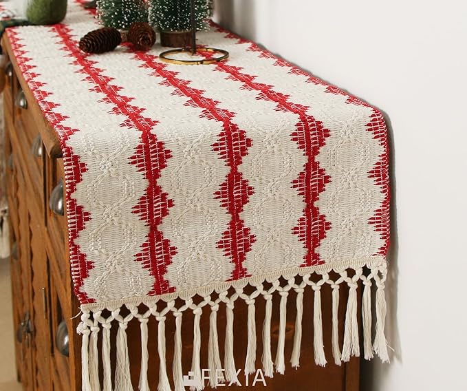 FEXIA Christmas Red Table Runner 13x72 Inches Long Christmas Runner for Table Boho Table Decor Rustic Farmhouse Xmas Decoration for Home Party Decor (Red Square)
