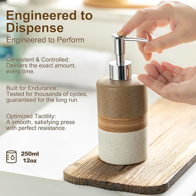 Ceramic Soap Dispenser Set for Hand Soap, Shampoo, Dish Soap, Conditioner, Includes Stainless Steel Pump and Silicone Funnel, 12 Oz, Modern Kitchen Decor