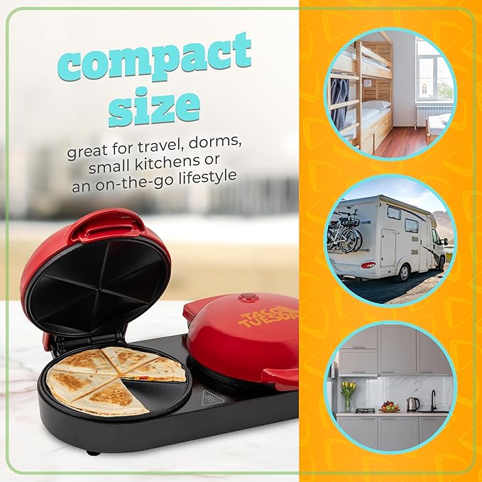 Nostalgia Taco Tuesday Double Street Taco Quesadilla Maker – Two Side-By-Side 5 Inch 6 Wedge Cooking Surface for Beef, Steak, Chicken, Bean, Veggie, and Cheese Street Taco-Sized Quesadillas - Red