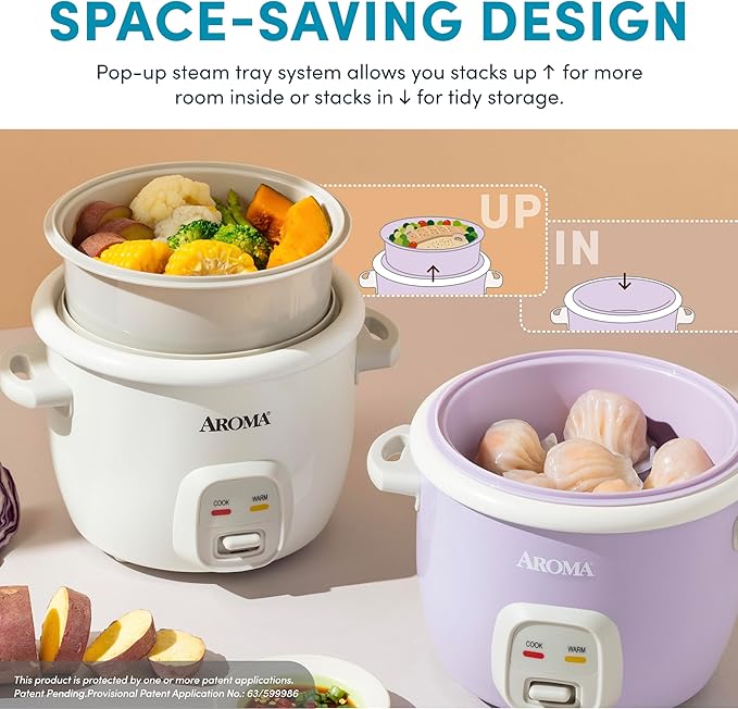 AROMA® CoreCoat Rice Cooker with Pop-Up Food Steaming Basket (4 Cups Cooked, 2 Cups Uncooked, 1 Qt)