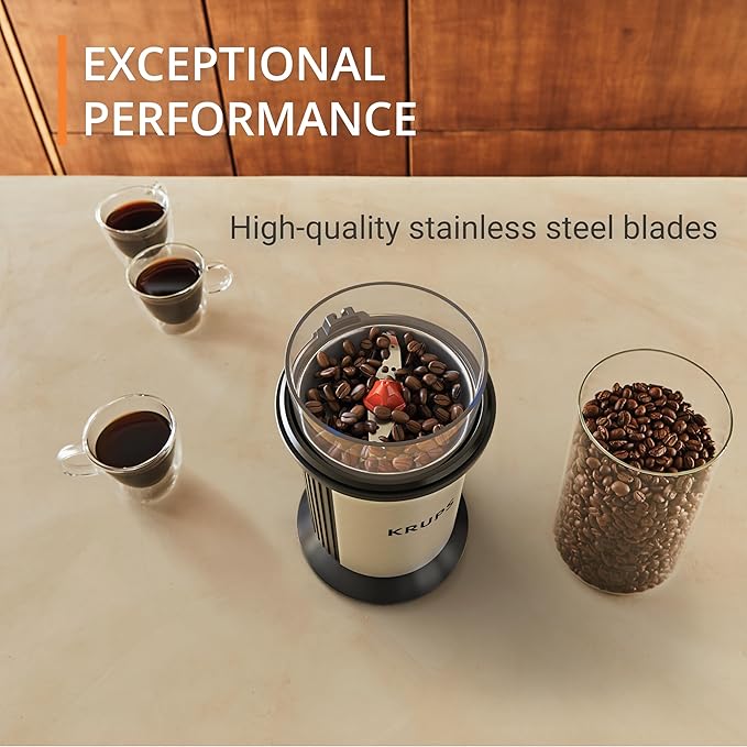 KRUPS Electric Blade Coffee Grinder 1.6 Oz, Adjustable Coarse to Fine for the Perfect Espresso, Grind Coffee Beans, Spices & Herbs, Removable Dishwasher Safe Bowl, Stainless Steel