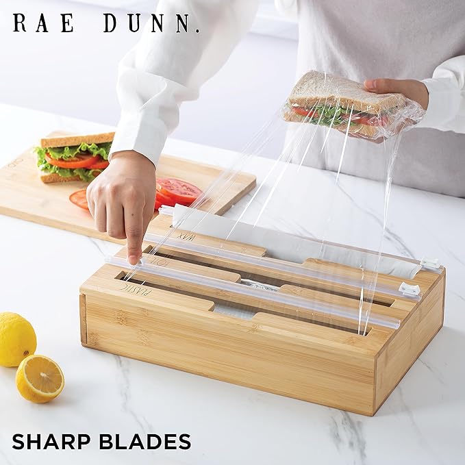 Rae Dunn Bamboo Bag Organizer for Kitchen Drawer - Durable Wood Organizer for Kitchen Storage - Holds Gallon, Quart, Snack, Sandwich Size Baggies, Plastic Wrap and Foil