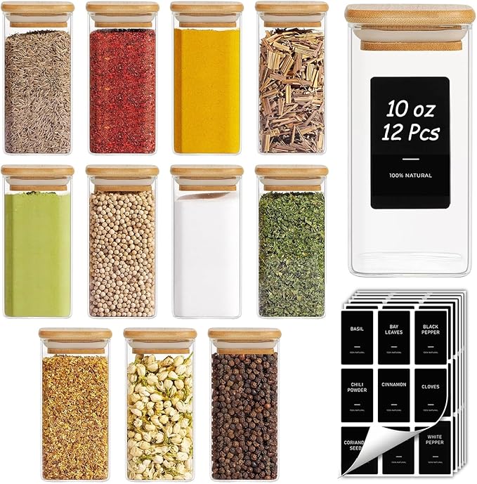 ComSaf 12Pcs Spice Jars with Labels, Glass Jar with Bamboo Lid, 10oz Airtight Square Containers with Black Lables, Empty Seasoning Jars for Spice, Salt, Pepper, Sugar