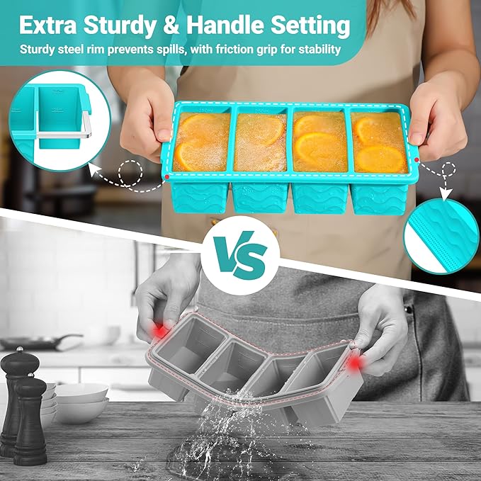 Silicone Freezer Molds for Soup with Lid, 1-Cup & 2-Cup Large Ice Cube Trays Food Storage Containers for Meal Prep, Freeze 500mL/250mL/125mL Portions – 4 Pack (1-Cup Green*2 & 2-Cup Blue * 2)