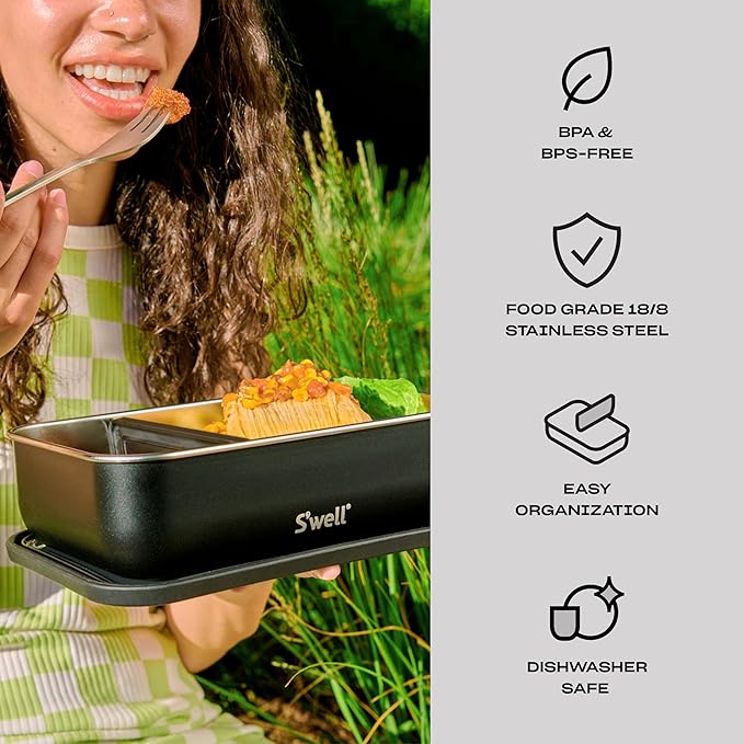 S'well Stainless Steel Bento Box, Onyx, Fits One Large Entree Or Small Entree And Snack, Includes Removable Divider, Leakproof, Easy to Clean, Dishwasher Safe