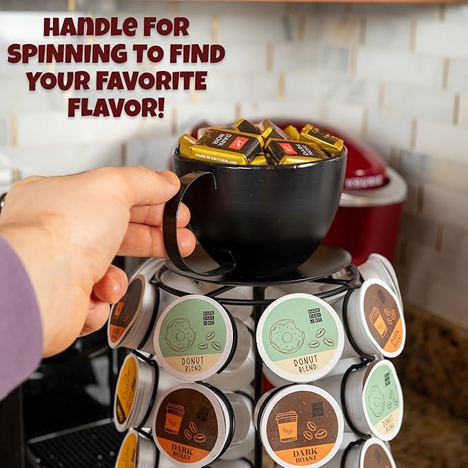 Made Easy Kit Carousel Coffee Pod Organizer - Compatible with Keurig K-Pods K-Cups - Countertop 360 Spin Rack Storage - Lazy Susan Revolving Base Metal (Black Coffee Mug, Small (24 Pods))