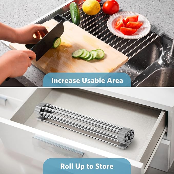 Upgraded Roll Up Dish Drying Rack(17.1” x 13.1”) Over Sink Dish Drainer Foldable Stainless Steel Trivet for Kitchen Countertop