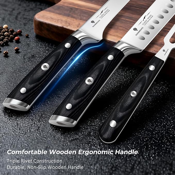 3Pcs Carving Knife Set with Sheath – for Turkey, Meat, BBQ, Brisket, Razor Sharp Slicing Knife, Professional 5Cr15MoV Stainless Steel, Ergonomic Full Tang Wood Handle, Gift Box Included