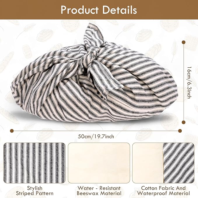 2 Pack Beeswax Bread Bags, Striped Linen Bento Bags, 14" Cotton Loaf Bag, Reusable Organic Food Storage, Sourdough Bag, Rustic Farmhouse Azuma Bukuro Origami Wrap for Baked Gifts (Natural Color, 2)