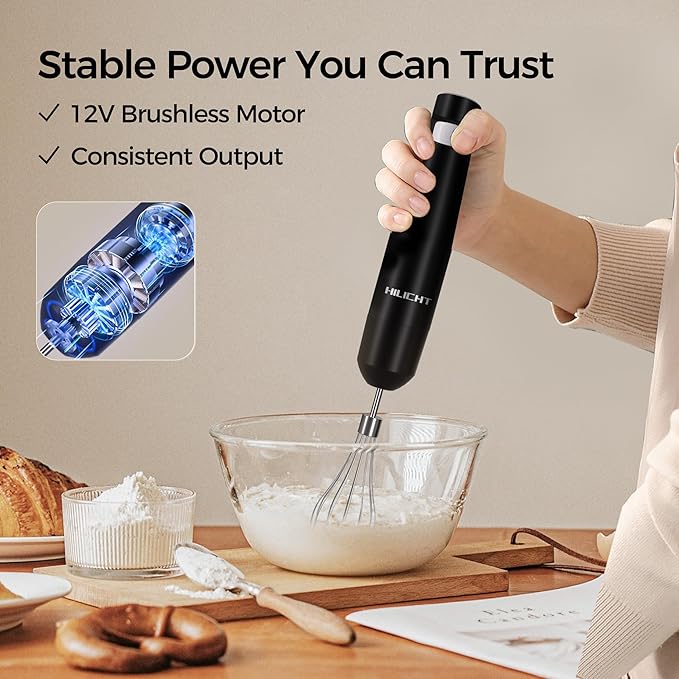 Cordless Hand Blender, 12V Rechargeable Immersion Blender with Brushless Motor, 60+ Bowls per Charge, 2-Blade, Auto Lock, Whisk & Frother for Soup, Smoothies, Baby Food