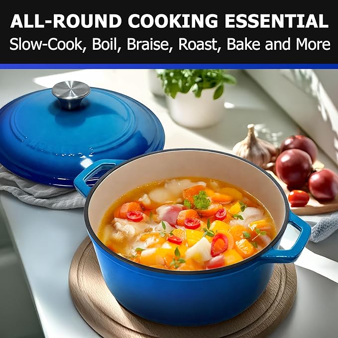 Mueller 6qt Enameled Cast Iron Dutch Oven, Heavy-Duty Casserole and Braiser Pan with Lid and Knob, Oven-Safe up to 500° F & Across All Cooktops, Aqua Blue