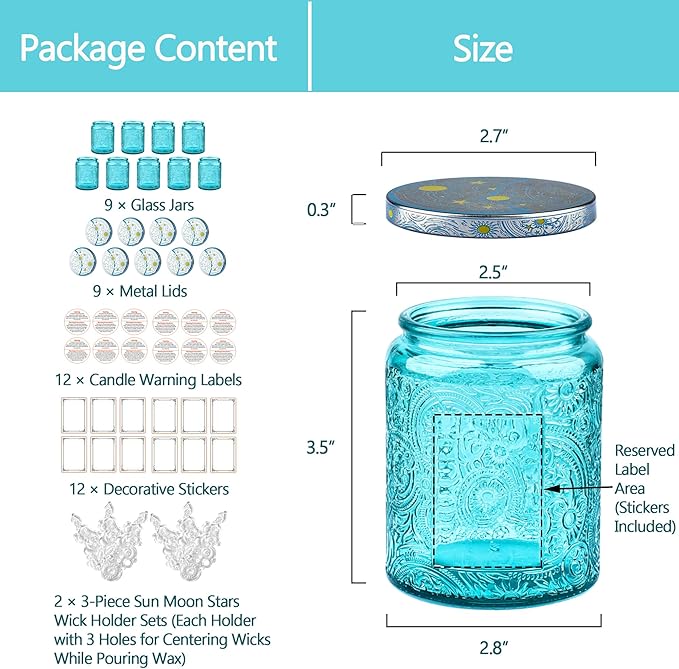 Art Secret 9-Pack 8oz Embossed Glass Candle Jars with Lids and Labels - Sun Moon Stars Design (Blue)