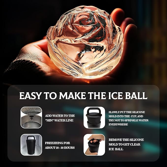 Clear Ice Cube Maker Tray – 2.3 Inch Large Rose Ice Ball Mold, Stainless Steel & Silicone, Slow Melting Crystal Ice for Whiskey, Cocktails, and Home Bar Use