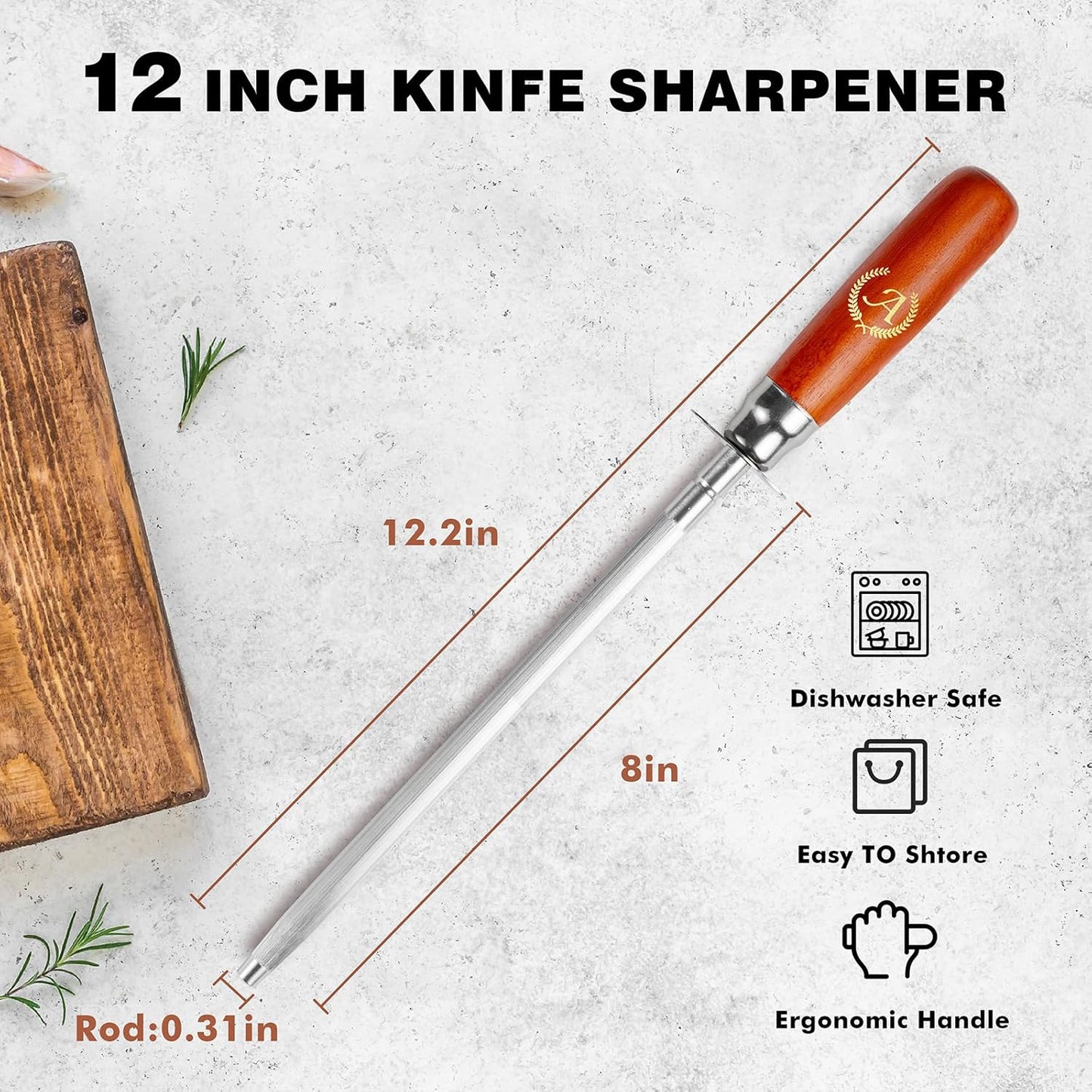 Knife Sharpener Rod, Kitchen Knives Sharpener Carbon Steel Professional Knife Sharpening Steel, Honing Rod with Hanging Holes (13 inches), A