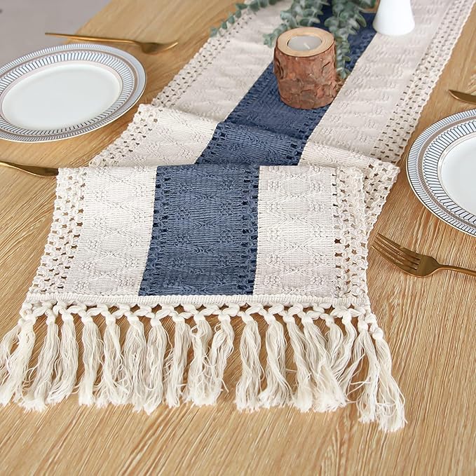 FEXIA Boho Table Decor 48 Inch Cream & Blue Macrame Runner with Tassels for Boho Dining & Bedroom Decor Rustic Bridal Shower (12x48 Inches)