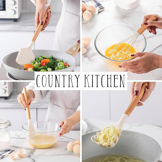 Country Kitchen Non Stick Silicone Utensil Set with Rounded Wood Handles for Cooking and Baking, 38 Piece Set, Khaki