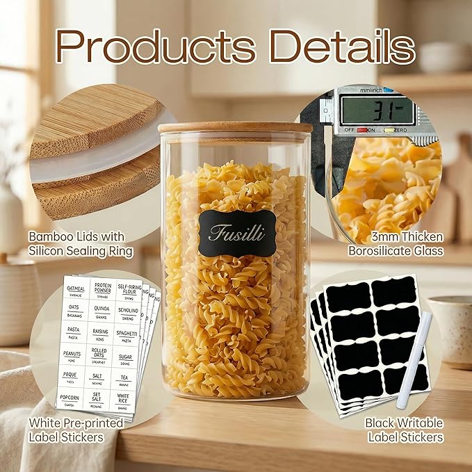 HomArtist Glass Jars with Bamboo Lids 79 FL OZ [Set of 3], Glass Canisters with Airtight Lids, Glass Food Storage Containers for Spaghetti, Fettuccine, Linguine,Pasta, Best for Kitchen & Pantry