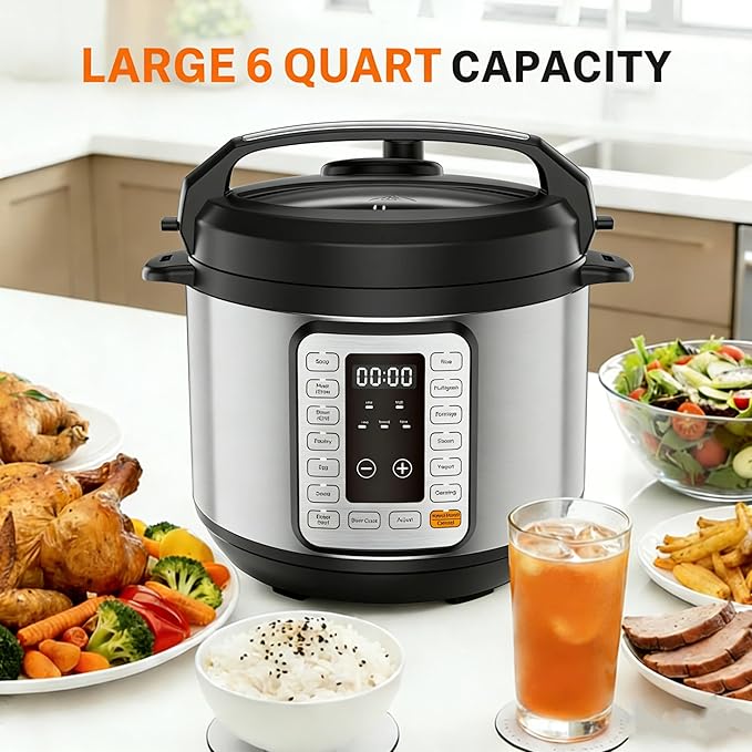 Simple Deluxe 6QT Electric Pressure Cooker, 16-in-1 & Non-Stick Stainless Steel Multi Cooker with 12 Presets for Slow Cook, Meat Stew, Steam, Sauté, Canning, Yogurt Maker, Dishwasher Safe, Silver