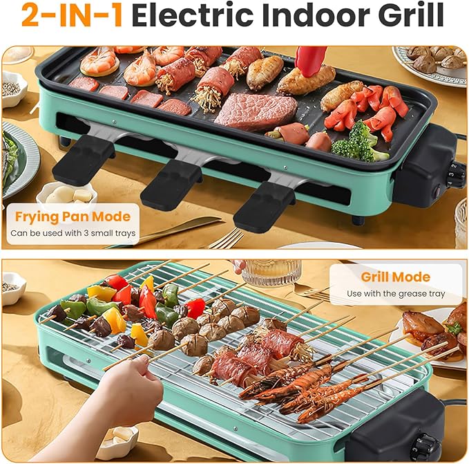 1500W Electric Indoor Grill,2 in 1 Portable Smokeless Indoor Raclette Table Grill,Korean BBQ Grill for Kitchen with Grill Net & Non-Stick Cooking Removable Plate 5 Temperature Control,Dishwasher Safe