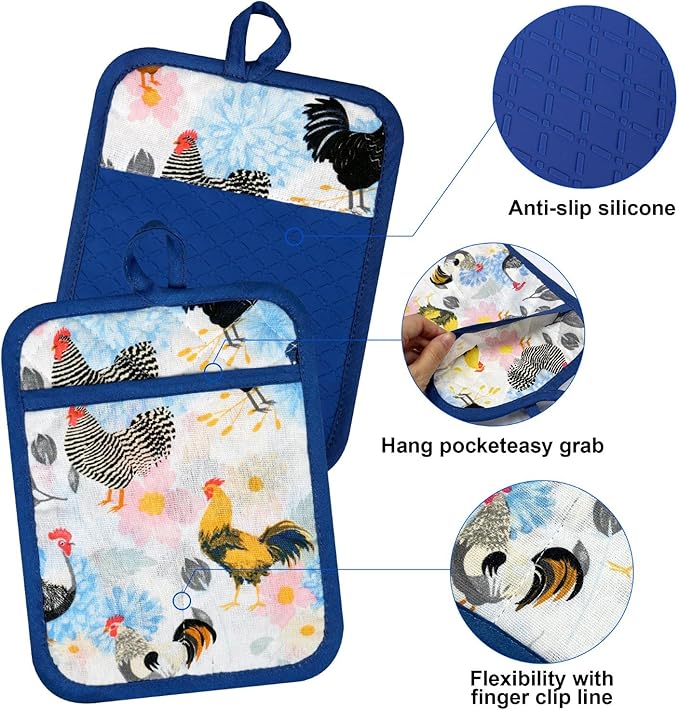 Alselo Oven Mitts and Pot Holders with Chef Apron,Set of 5 Heat Resistant Kitchen Gloves and Silicone Non-Slip Potholders Adjustable Neck Buckle Chef Apron, Cotton Nice Design for Cooking (Rooster)
