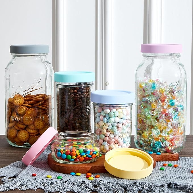 Teenyyou 6 Pcs Silicone Regular Mouth Lids Mason Jar Lids Thickened Leak Proof Lid for 70 mm All regular mouth Mason Jars, Reusable Large Canning Jar Caps(Macaron)