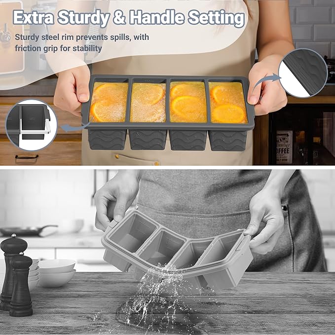 Doasuwish Silicone Freezer Tray for Soup with Lid – 1-Cup Soup Container Style Ice Cube Trays for Freezer, Meal Prep & Food Storage, Freeze 250mL/125mL Portions – 2 Pack