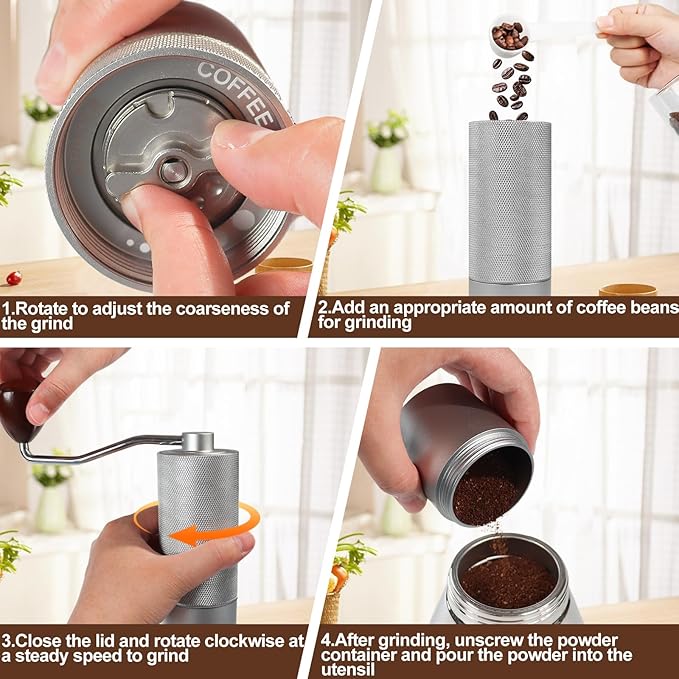 Manual Coffee Grinder Gift Box Non-Detachable Stainless Steel Conical Burr Aluminum Coffee Bean Grinder with 25 Grinding Settings Cleaning Brush Grindable Espresso Moka Pot for Camping Silver