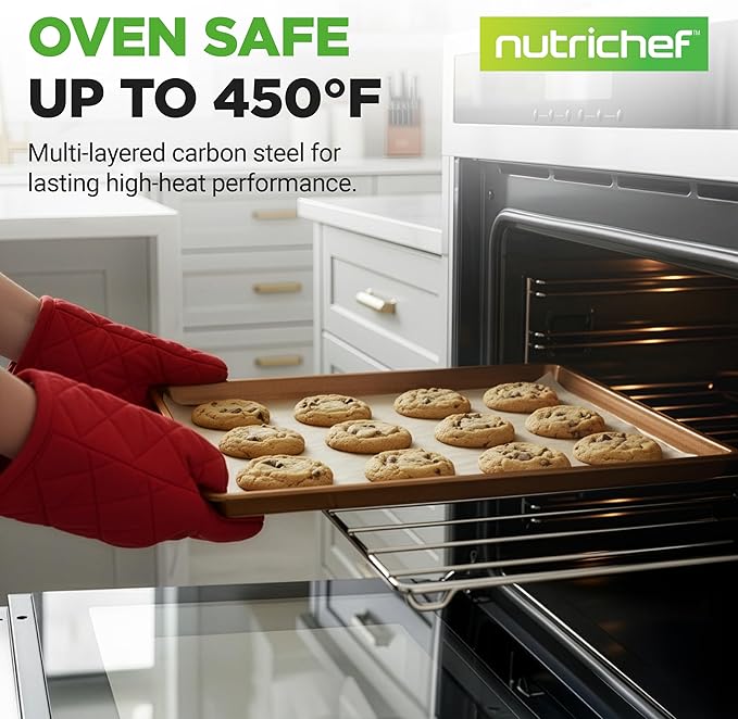 NutriChef 2-Piece Nonstick XL Cookie Sheets for Baking - 22" x 16" Stackable Extra Large Baking Sheet - Carbon Steel Baking Pans, PFOA, PFOS, PTFE Free- NCLGBP28