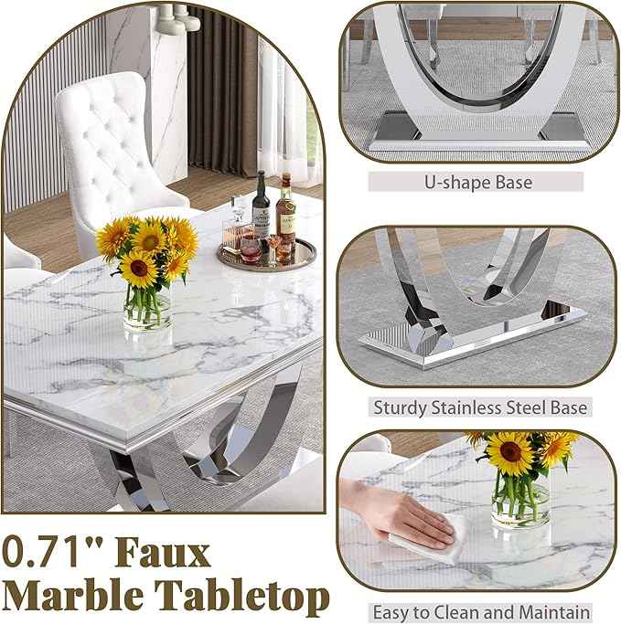 AF ARTISAN FURNITURE Marble Dining Table for 4-8,White Faux Marble Dining Tables with Silver U-Shaped Mirrored Finish Stainless Steel Base, Marble Kitchen Table for Living Room Home Office