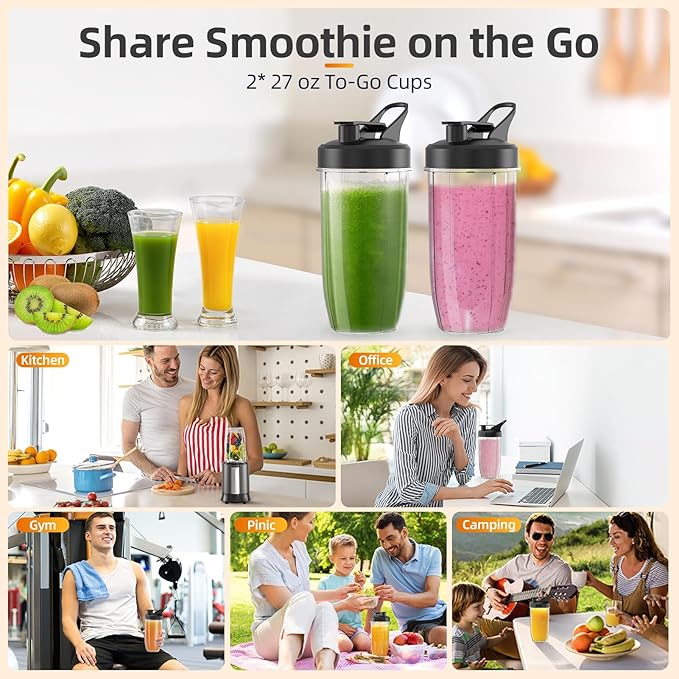 Smoothie Blender, 1500W Personal Blender for Smoothies, Shakes and Nutrient Extractions with 27oz*2 Portable Cup and Lid