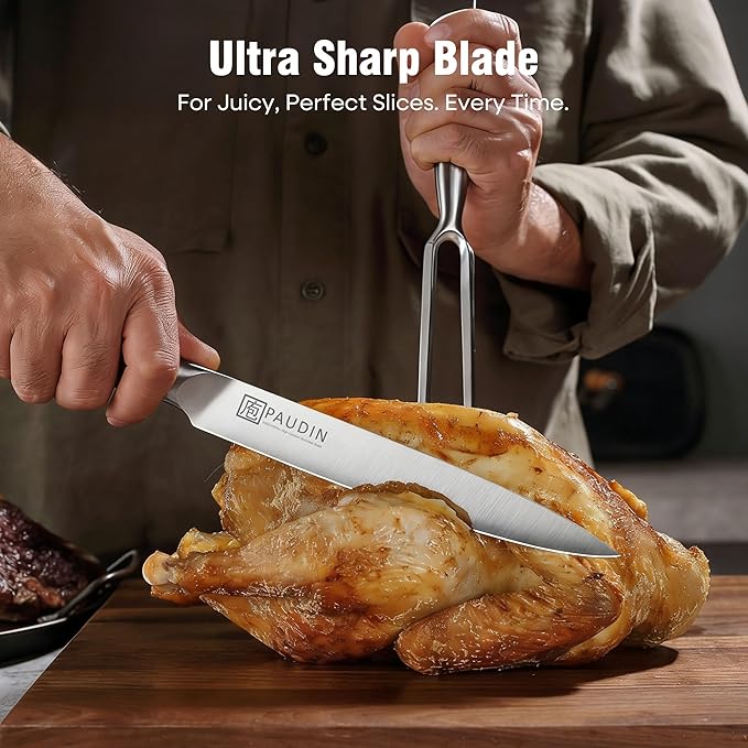 PAUDIN Carving Knife Set - 8" German Steel Turkey Carving Knife and Fork Set With Ergonomic Handle, Full Tang For Meat, Brisket