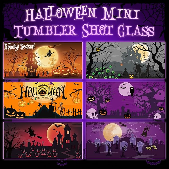 6 Pack 3 oz Halloween Shot Glasses Mini Tumblers with Straw and Lid,Pumpkin Ghost Skulls Tombstone Halloween Party Spooky Shot Glass Stainless Steel Vacuum Insulated Mini Cup for Cocktail Party