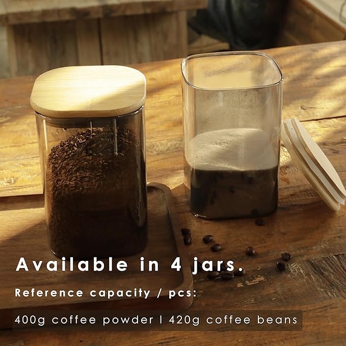 LIBWYS 4-Pack Anti-UV Square Glass Storage Jars with Bamboo Lids (1.22Qt) - Light Resistant Containers (LRC) for Pantry Organization, Coffee Beans, Loose Tea, Sugar, Pet Food | Kitchen Canisters Set