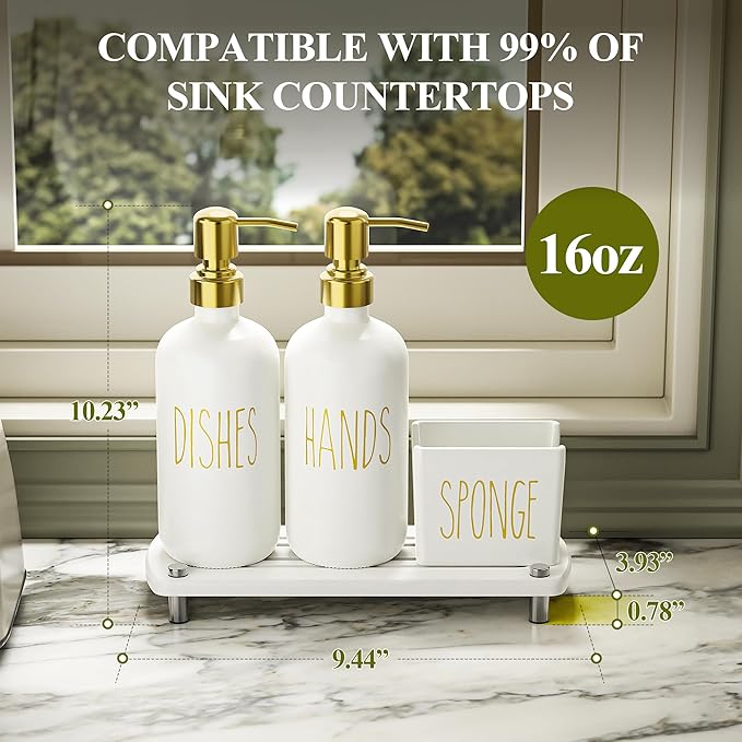 Cisily Kitchen Soap Dispenser Set Comes with Ceramics Sponge Holder, Gold Pumps, and Instant Dry Tray, Hand and Dish Soap Dispenser Set (4, Gold + White + Sponge Holder)