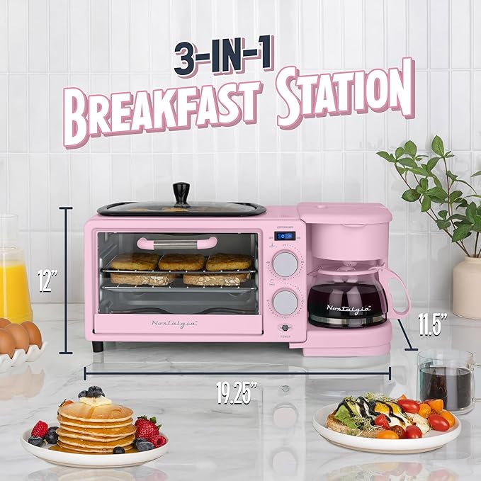 Nostalgia 3-in-1 Retro Breakfast Station - Includes 5 Cup Coffee Maker, Non-Stick Ceramic Griddle, and 4-Slice Toaster Oven - Built-In Timer, Reusable Coffee Filter, Space-Saving Design - Pink