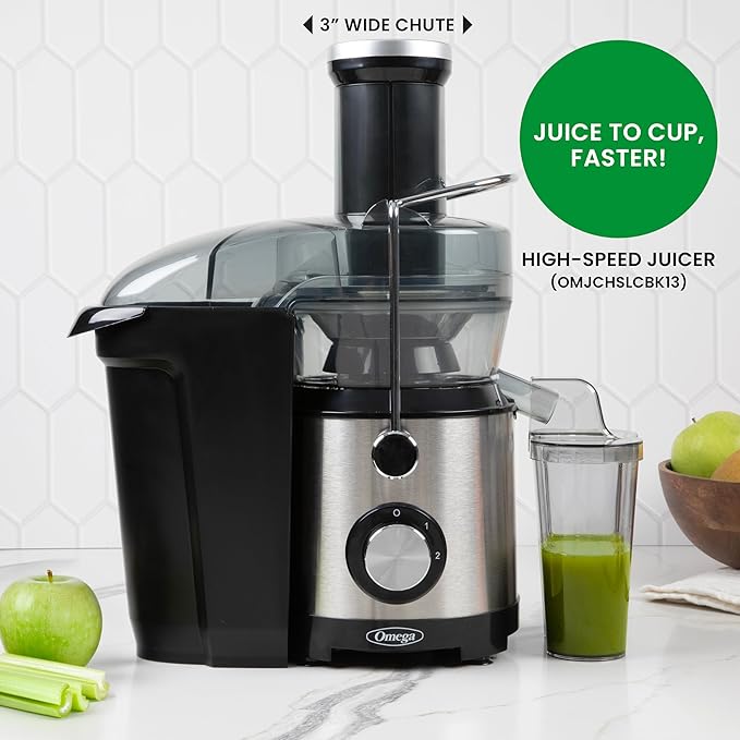 Omega Centrifugal Juicer with 3-Inch Wide Chute High Speed Extractor For Fruits and Vegetables, Features 2 Speeds Stainless Steel Filter and Large Pulp Container, 1000-Watts, Black