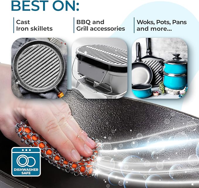 Cast Iron Care Bundle: 316 Stainless Steel 𝐓𝐫𝐢𝐩𝐥𝐞 𝐑𝐢𝐧𝐠 𝐂𝐡𝐚𝐢𝐧𝐦𝐚𝐢𝐥 Scrubber (Orange) & Extra Thick Leather Handle Cover Set of 2 (𝐌𝐚𝐝𝐞 𝐢𝐧 𝐆𝐞𝐨𝐫𝐠𝐢𝐚) – Perfect for Pan
