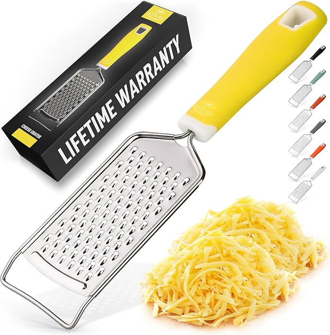 Zulay Kitchen Professional Cheese Grater Stainless Steel - Durable Rust-Proof Metal Lemon Zester Grater With Handle - Flat Handheld Shredder for Parmesan, Chocolate, Spices, And More - Yellow