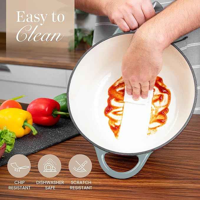 Nuovva Enamelled Cast Iron Dutch Oven Pot with Lid 6.4 Quart Non Stick Casserole Pot – Heavy Duty & Oven Safe up to 500° F for Bread Baking, Braising, Stews, Roasting – 28cm Sea Salt
