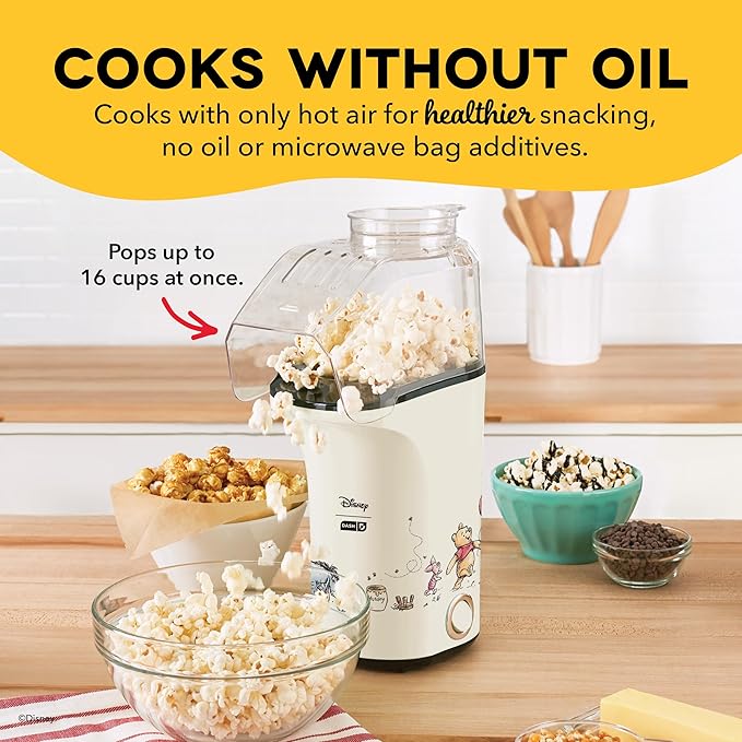 Disney Dash Fresh Pop Popcorn Maker - Oil-Free, Air Popcorn Popper - With Measuring Cup & Recipe Guide - Perfect for Movie Nights - 16 Cups, Winnie the Pooh