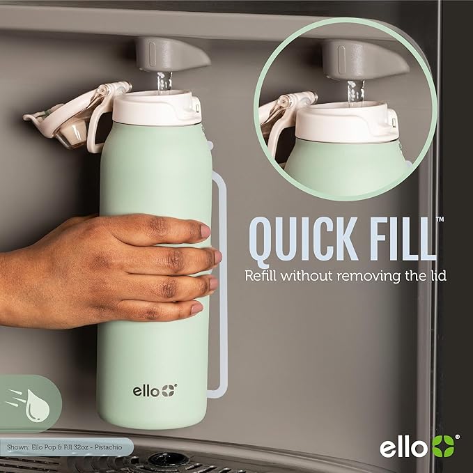 Ello Pop & Fill 22oz Stainless Steel Water Bottle with QuickFill Technology, Double Walled and Vacuum Insulated Metal, Leak Proof Locking Lid, Straw and Chug, Reusable, BPA Free, Porcelain Rose